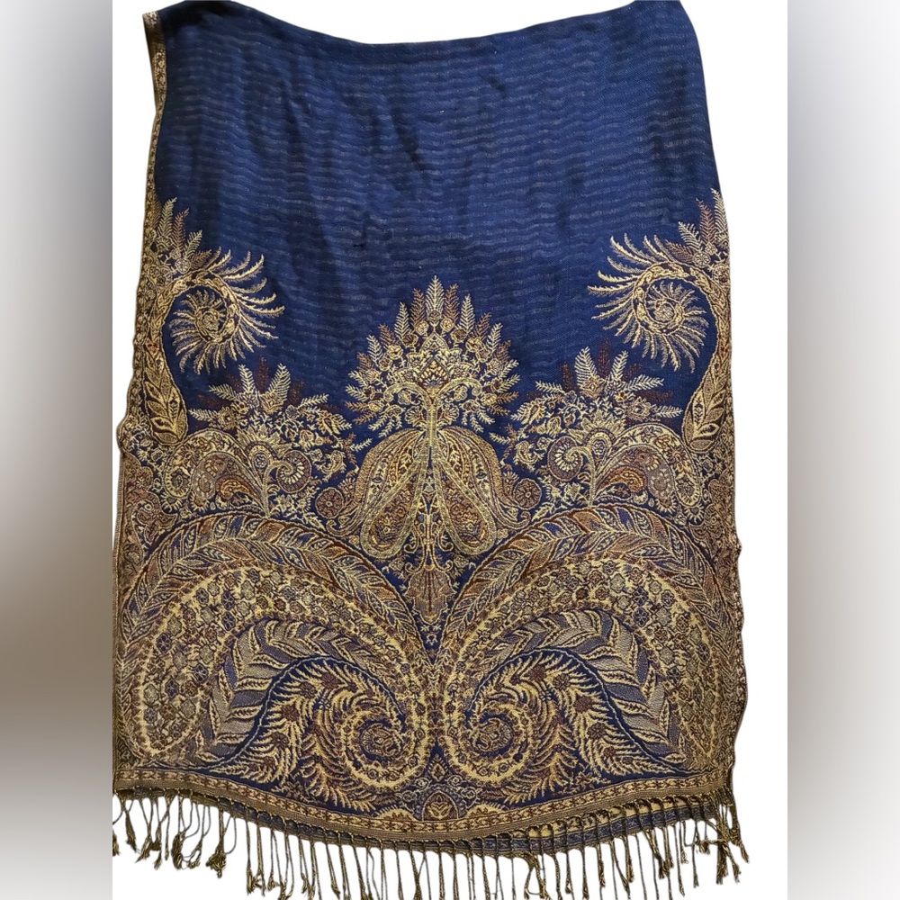 Blue and Gold Paisley Shawl Reversible With About 12” Sewn Down Side For Options